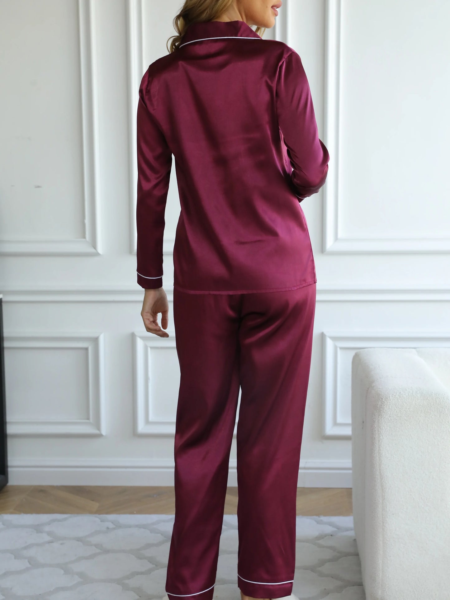 Elegant Satin Pajama Set – Cozy Button-Up Top & Pants for Relaxation